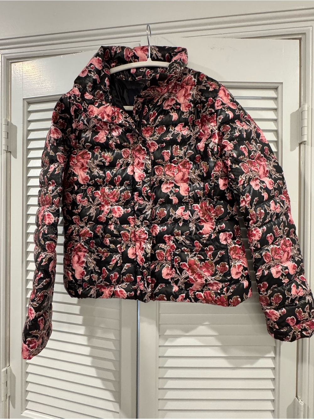 Lands' End Black Puffer Jacket with Pink Floral Print